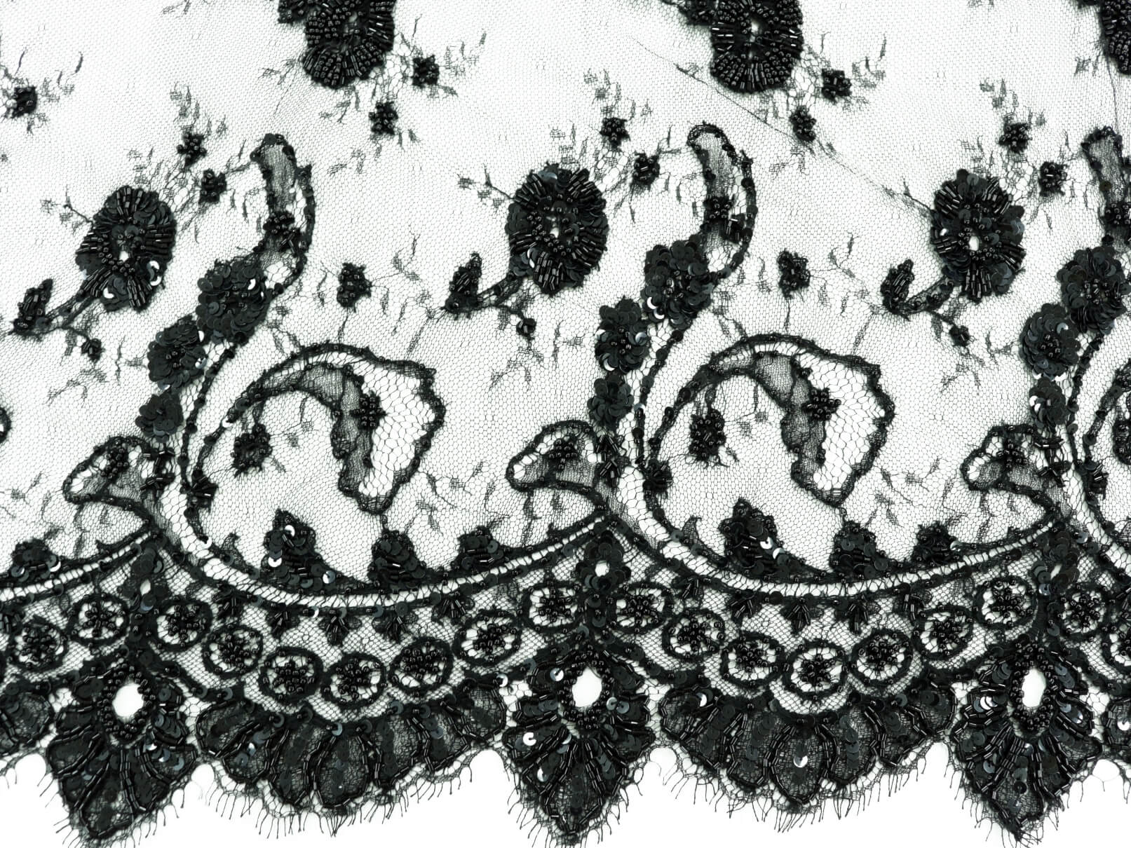 Кружевное полотно расшитое бисером, цвет Черный, фото 1